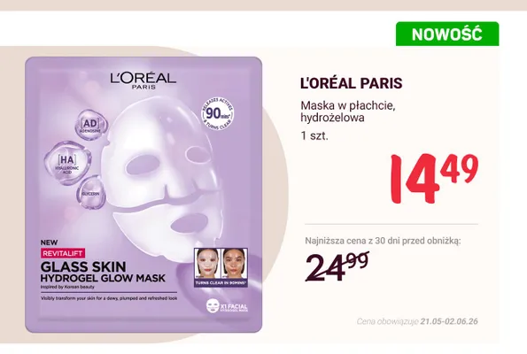 Maska w płachcie hydrożelowa L'Oréal Paris Revitalift Glass Skin promocja w Rossmann
