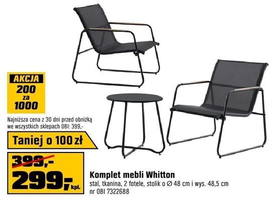 Komplet mebli Whitton stal, tkanina, 2 fotele, stolik o wym. 0x48cm i wys. 48,5cm nr OBI 7322688 promocja w OBI