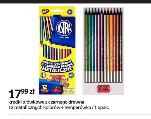 Kredki ołówkowe z czarnego drewna ASTRA 12 metalicznych kolorów + temperówka promocja w Empik