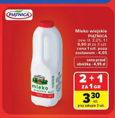 Mleko świeże wiejskie Piątnica 3,2% promocja w Carrefour Market
