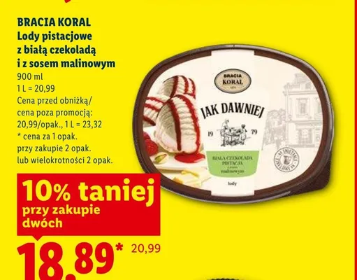 Lody pistacjowe z białą czekoladą i z sosem malinowym Bracia Koral promocja w Lidl