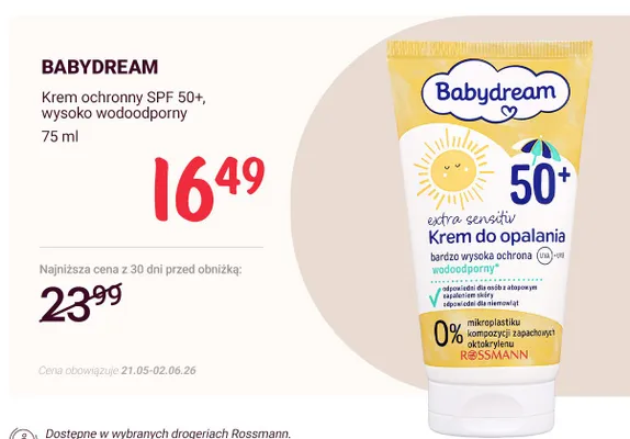 Krem ochronny SPF 50+ wysoko wodoodporny Babydream promocja w Rossmann