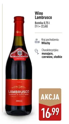 Wino Lambrusco musujące czerwone słodkie Włochy promocja w Aldi