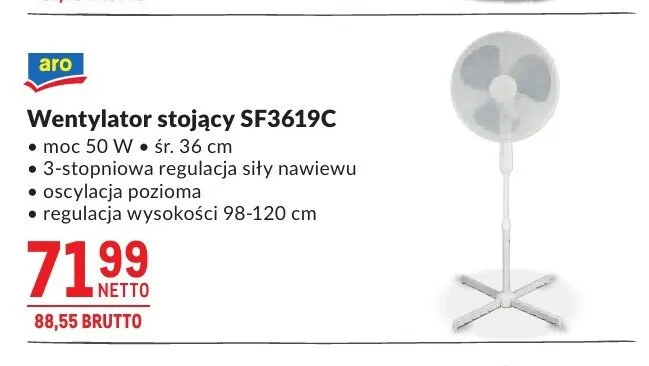 Wentylator stojący aro SF3619C moc 50W śr. 36cm promocja w Makro
