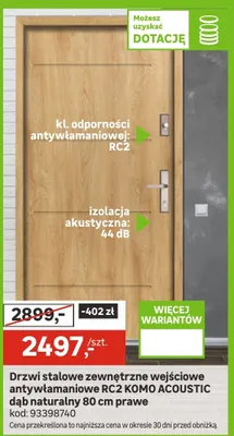 Drzwi stalowe zewnętrzne wejściowe antywłamaniowe RC2 dąb naturalny 80 cm na prawo promocja w Leroy Merlin