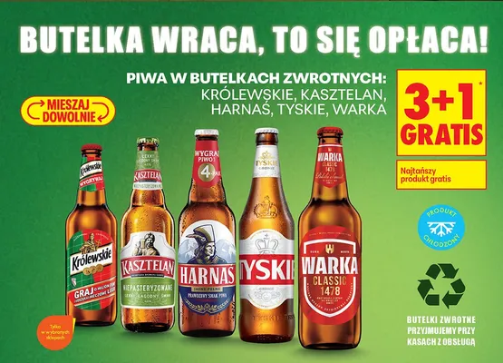 Piwa w butelkach zwrotnych 3+1 GRATIS promocja w Biedronka