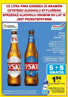 Piwo bezalkoholowe Tyskie Zero promocja w Carrefour Market