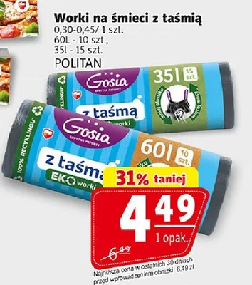 Worki na śmieci z taśmią Gosia 60 l 15 szt. promocja w Prim Market