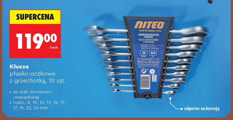 Klucze płasko-oczkowe z grzechotką 10 szt. Niteo promocja w Biedronka