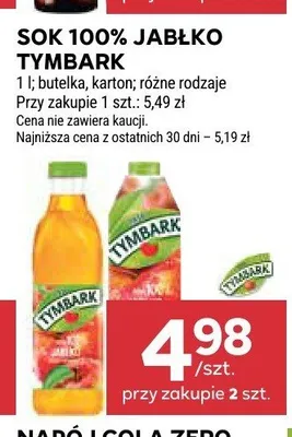 Sok 100% jabłko Tymbark butelka promocja w Stokrotka