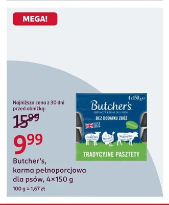 Karma pełnoporcjowa dla psów Butcher's 4-pak promocja w Rossmann