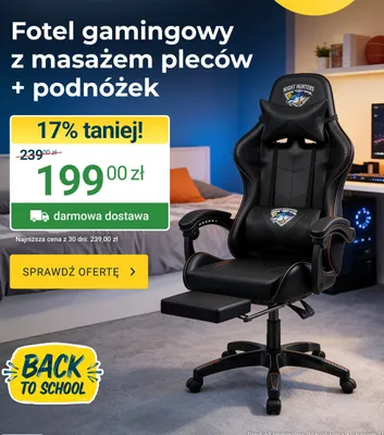 Fotel gamingowy z masażem pleców + podnóżek Night Hunters promocja w ERLI