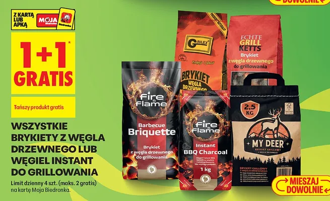 Wszystkie brykiety z węgla drzewnego lub węgiel instant 1+1 GRATIS promocja w Biedronka