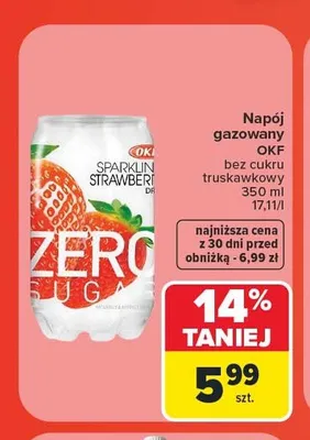 Napój gazowany OKF bez cukru truskawkowy promocja w Carrefour Market