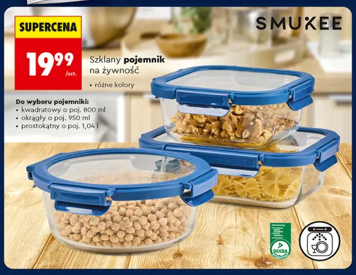 Szklany pojemnik na żywność kwadratowy o poj. 800 ml Smukee promocja w Biedronka