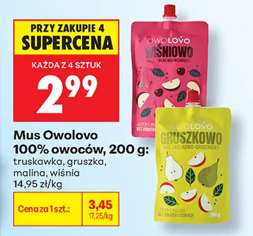 Mus Owolovo 100% owoców truskawka promocja w Biedronka