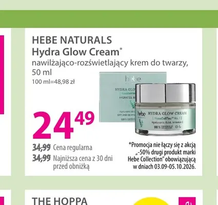 Nawilżająco-rozświetlający krem do twarzy Hydra Glow Cream Hebe Naturals promocja w Hebe