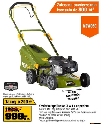 Kosiarka spalinowa 3 w 1 z napędem moc 2,4 kW*, poj. silnika 125 cm3, kosz 50 l, centralna regulacja wys. koszenia 25-75 mm, funkcja mielenia, zbieranie do kosza, wyrzut boczny promocja w OBI