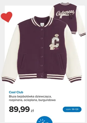Bluza bejsbolówka dziewczęca Cool Club rozpinana ocieplana burgundowa promocja w Smyk