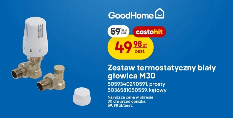 Zestaw termostatyczny kątowy biały głowica M30 GoodHome promocja w Castorama