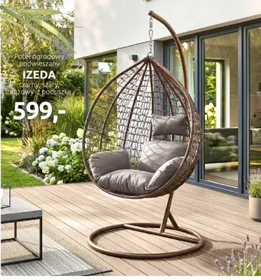Fotel ogrodowy podwieszany brązowy, szary z poduszką promocja w Black Red White