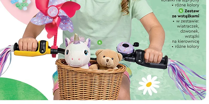 Zestaw z wstążkami: wiatraczek, dzwonek, wstążki na kierownicę, różne kolory promocja w Biedronka