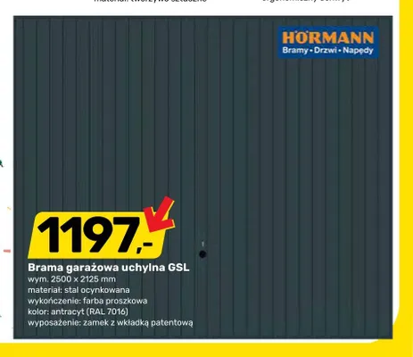 Brama garażowa uchylna GSL Hörmann wym. 2500x2125mm materiał: stal ocynkowana wykończenie: farba proszkowa kolor: antracyt (RAL 7016) wyposażenie: zamek z wkładką patentową promocja w Bricomarche