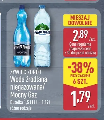 Woda źródlana gazowana Mocny Gaz Żywiec Zdrój promocja w Aldi