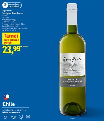 Wino białe wytrawne Agua Santa Sauvignon Blanc Reserva promocja w Lidl