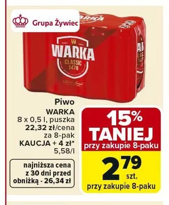 Piwo Warka Classic 8-pak 500ml promocja w Carrefour