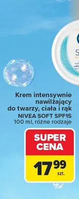 Krem intensywnie nawilżający do twarzy ciała i rąk Nivea Soft SPF15 promocja w Carrefour Market