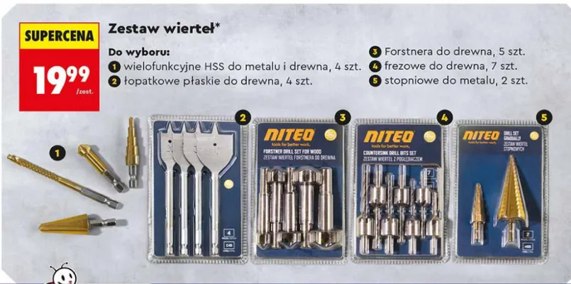 Wiertła łopatkowe płaskie do drewna, 4 szt. promocja w Biedronka