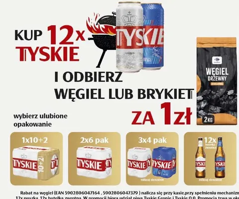 Piwo wybrane opakowanie + węgiel drzewny lub brykiet za 1zł Tyskie promocja w Carrefour Market