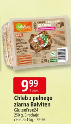 Chleb z pełnego ziarna z nasionami chia Balviten GlutenFree24 bez cukru bez drożdży bez mąki bez glutenu bez laktozy promocja w Leclerc