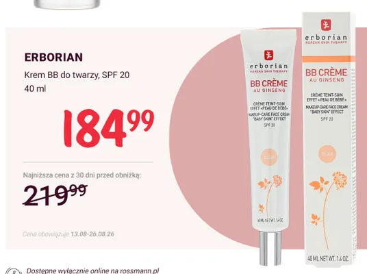 Krem BB do twarzy Erborian SPF 20 promocja w Rossmann