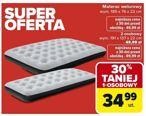 Materac welurowy 1-osobowy wym. 191 x 137 x 22 cm promocja w Carrefour
