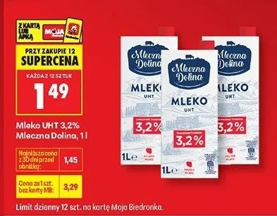 Mleko UHT 3,2% Mleczna Dolina promocja w Biedronka