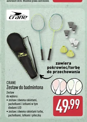 Zestaw do badmintona z dwoma rakietami, pachołkami i lotkami w tym diodami LED Crane promocja w Aldi