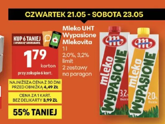 Mleko UHT Wypasione Mlekovita 3,2% promocja w Delikatesy Centrum