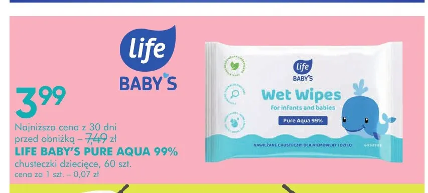 Chusteczki dziecięce Pure Aqua 99% Life Baby's promocja w Super-Pharm