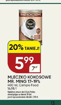 Mleczko kokosowe Mr. Ming 17-19% promocja w Chata Polska
