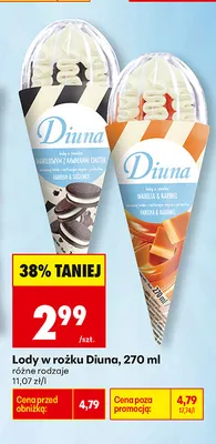 Lody w rożku Diuna o smaku waniliowym z kawałkami ciastek promocja w Biedronka