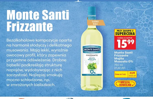 Wino bezalkoholowe Monte Santi Frizzante Mojito Moscato promocja w Biedronka