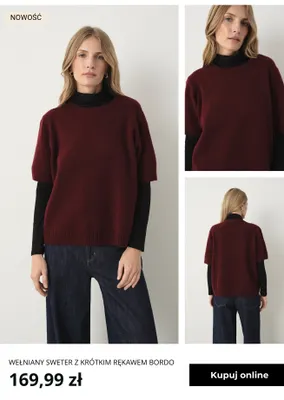 Wełniany sweter z krótkim rękawem bordo Greenpoint promocja w Greenpoint