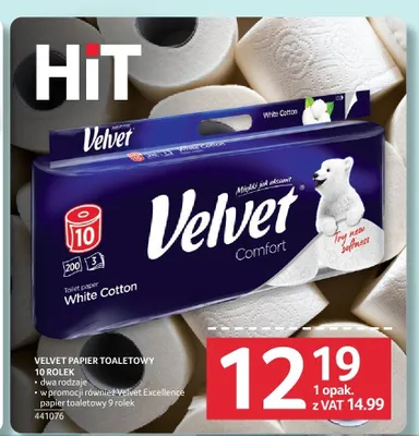 Papier toaletowy Velvet Comfort White Cotton 10-pak promocja w Selgros