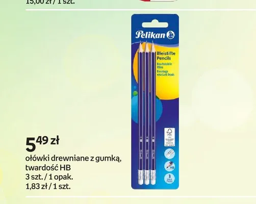 Ołówki drewniane z gumką Pelikan twardość HB 3-pak promocja w Empik