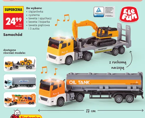 Samochód laweta piętrowa i 3 autka Elefun promocja w Biedronka