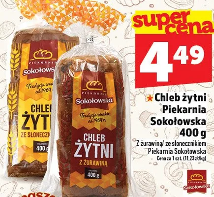 Chleb żytni z żurawiną Piekarnia Sokołowska 400g promocja w TOPAZ