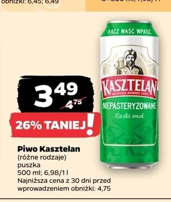 Piwo Kasztelan Niepasteryzowane Rześki Smak promocja w Netto