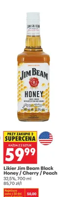 Likier Jim Beam Black Honey / Cherry / Peach - przy zakupie 2 każda z 2 sztuk 59,99 promocja w Biedronka